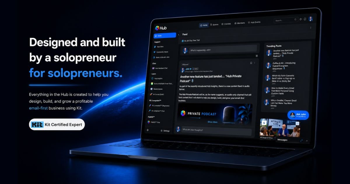 Hero Image - Hub for solopreneurs to grow a profitable email-first business with a Kit Certified Expert